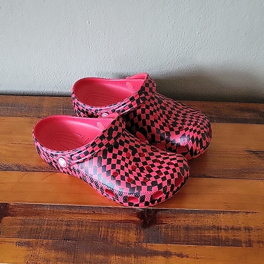 CROCS Red and Black Checkered Mules